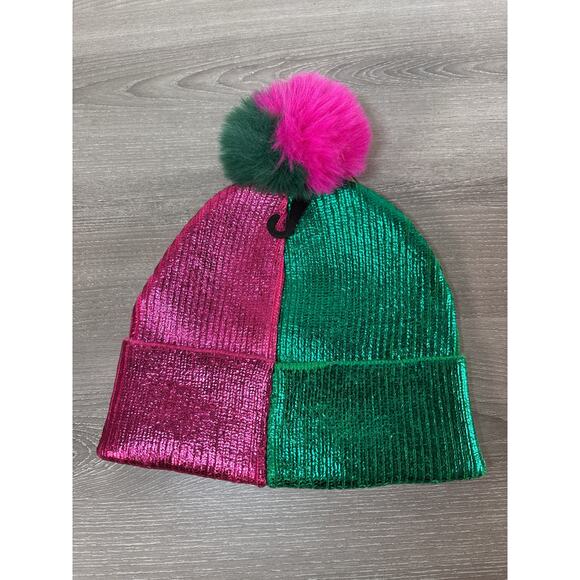 NWT Universal City Studios Wicked Adult Metallic Beanie Hat Pom Pom Pink Green - Picture 3 of 4